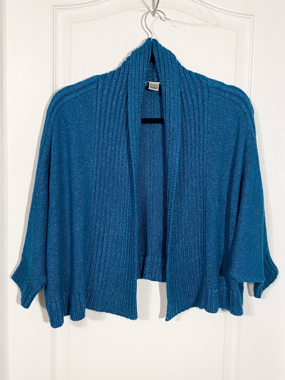Y2K Harold’s Metallic Teal Cropped Open Front Chunky Knit Cardigan Size Medium